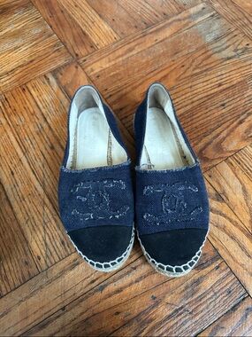 CHANEL Navy Canvas Espadrilles with Black Toe Caps